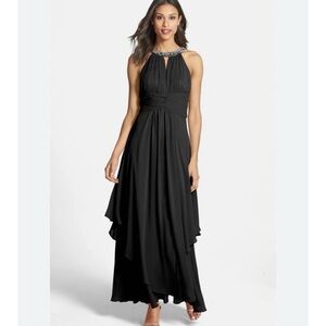 Eliza J Jeweled Collar Halter Tiered Maxi Dress Formal Gown Women 0-2 Black NWT
